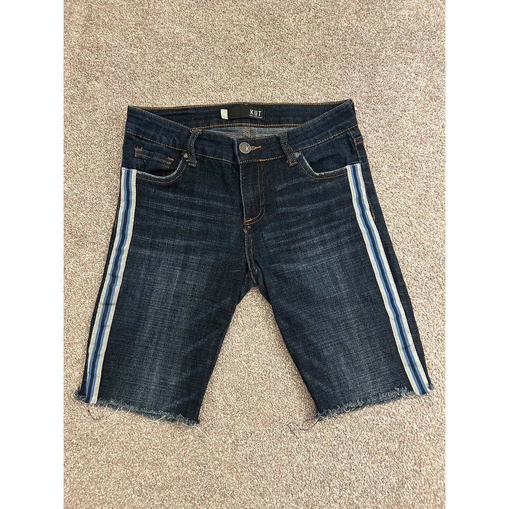 KUT from the Kloth Stevie Shorts Women 4 Blue Excellent Side Stripe Frayed Hem